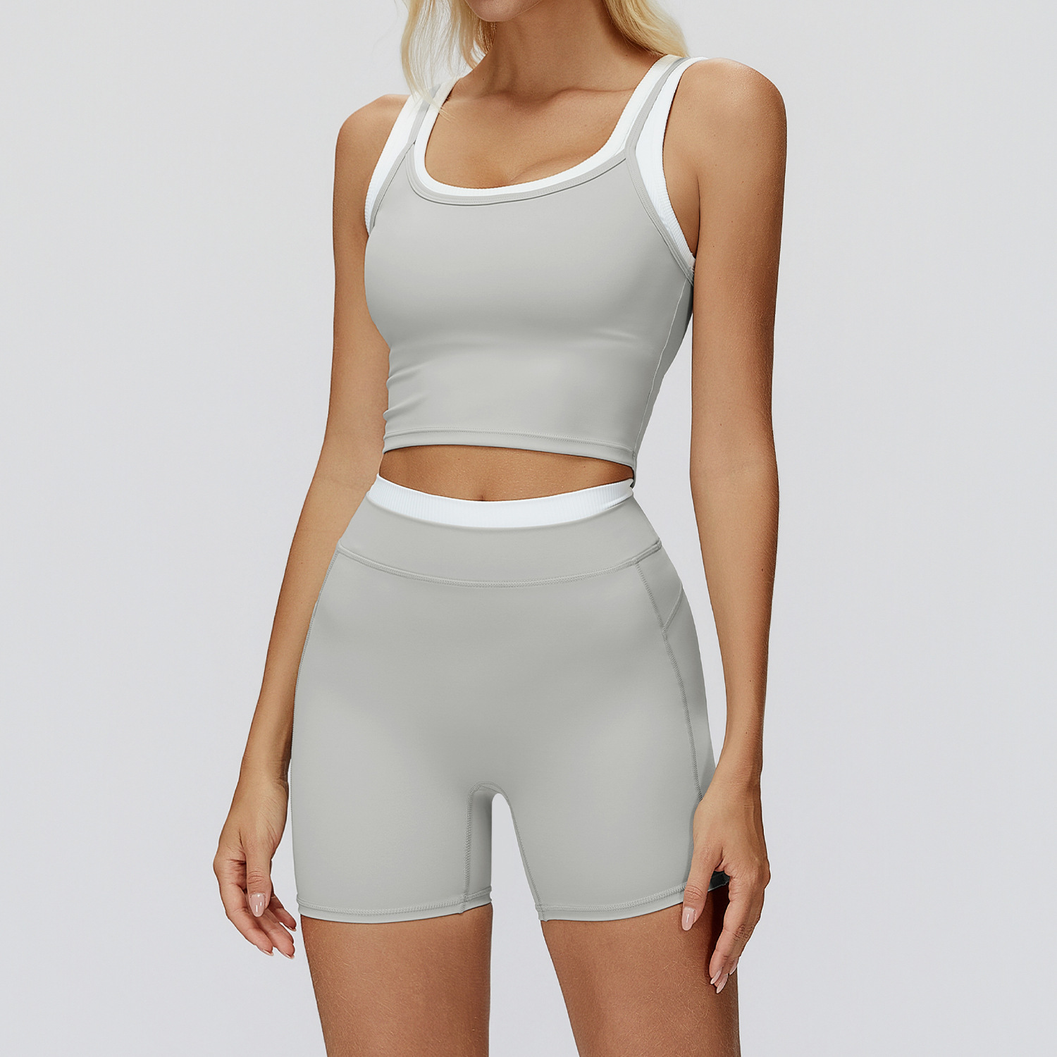 Heather Grey Yoga Set: Built-in Bra Shorts & Sleeveless Tank, Gym Wear